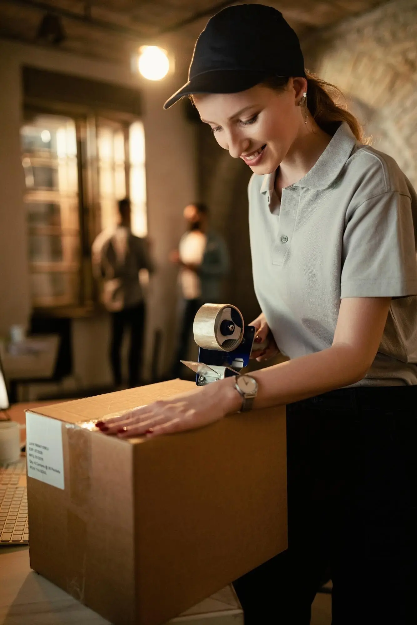 Довольный курьер запечатывает картонную коробку диспенсером со скотчем во время работы в офисе.