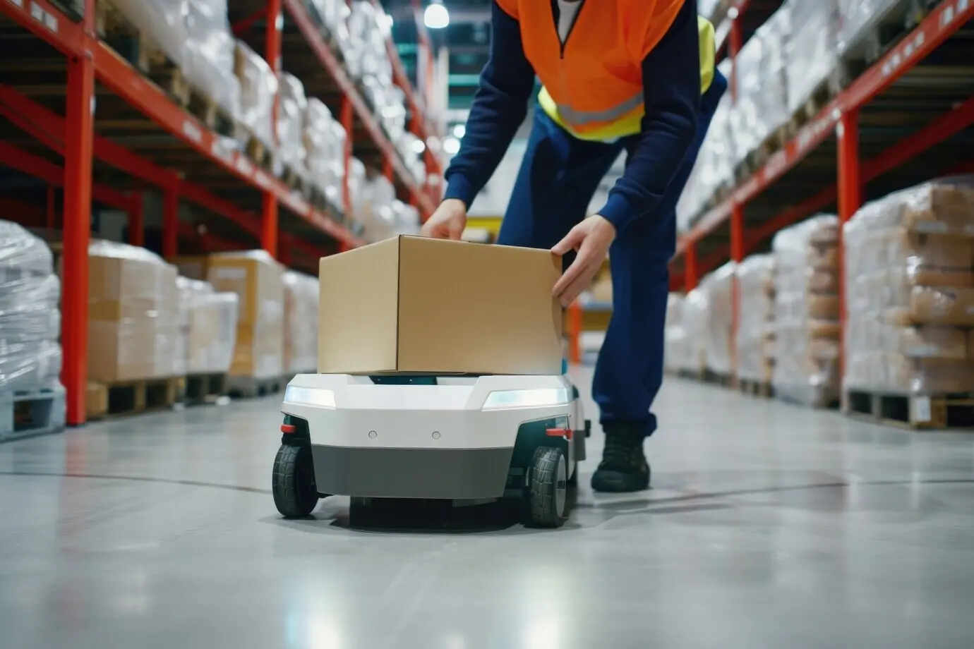 Робот-доставщик в футуристическом окружении